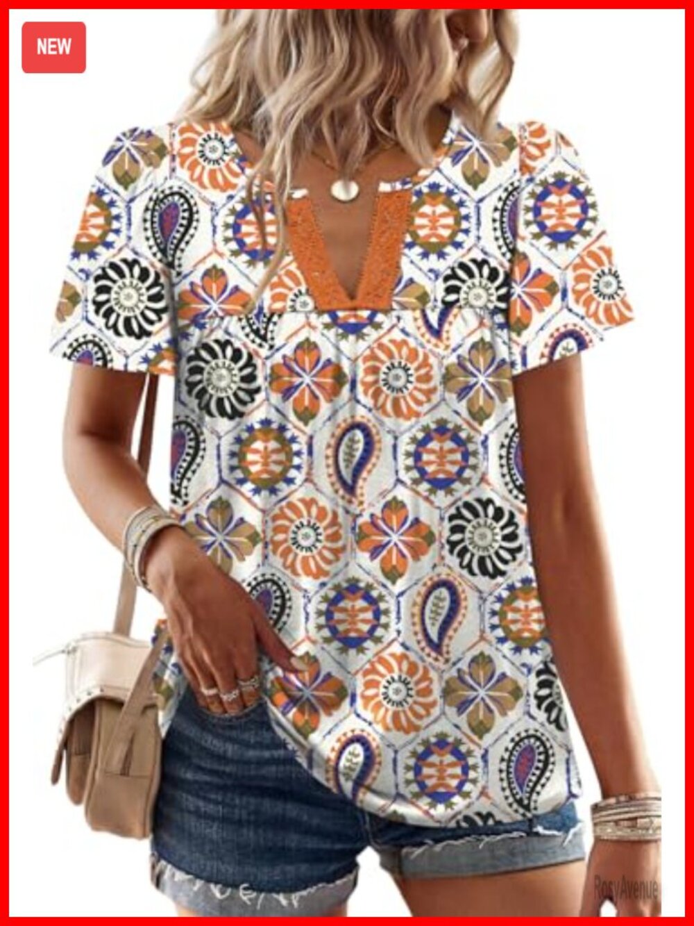 Boho V Neck Short Sleeve Blouse Lace Patchwork Puff Sleeve Flowy Dressy Casual